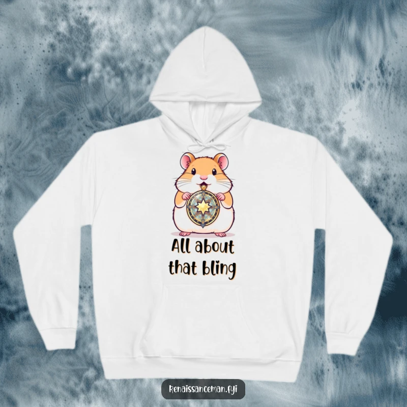Funny hamster presenting a gleaming locket, offering warmth and a symbol of love in a cozy and sentimental hoodie.
