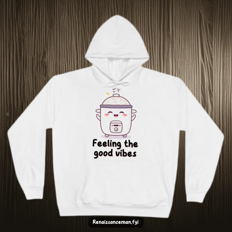 Funny hoodie featuring a joyful rice cooker doing a little shimmy, with a satisfied aroma, providing warmth and happiness.
