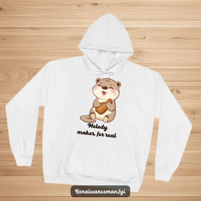Funny otter playing a gentle tune on a tiny harp, offering warmth and musical cheer in a comfortable and stylish hoodie.