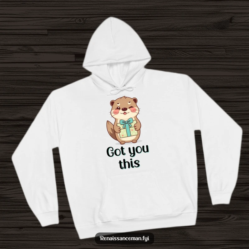Funny otter hoodie. A happy otter winks while handing over a brightly wrapped gift, perfect for cozy moments.