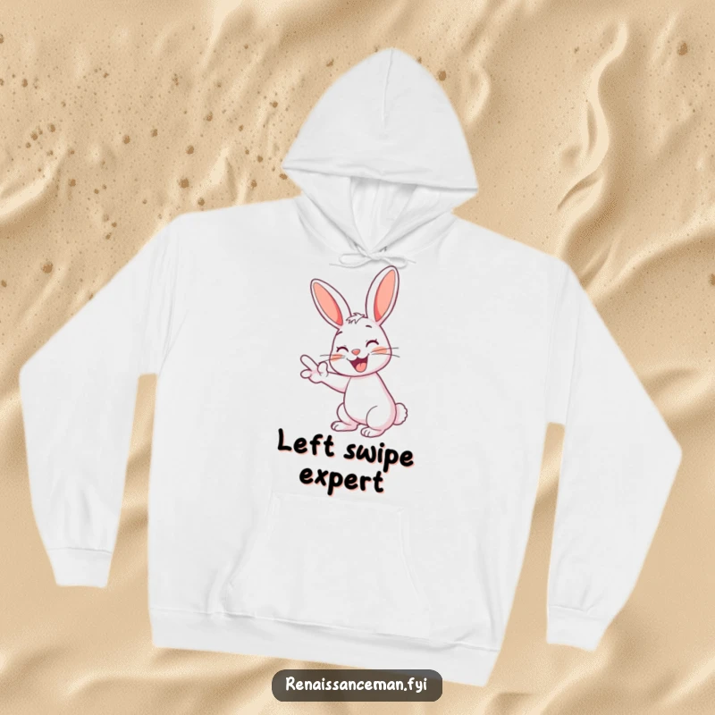 Funny rabbit hoodie featuring a cheerful rabbit with a playful grin enthusiastically swiping left.