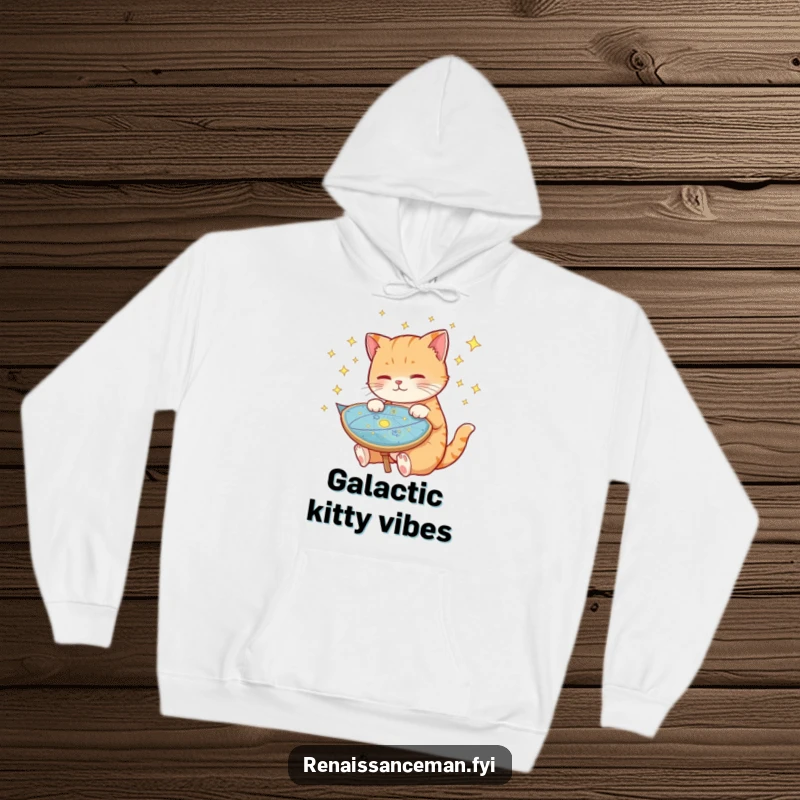 Funny cat hoodie, studying a celestial map surrounded by stars, cozy and warm, perfect for late-night stargazing sessions, celestial feline.