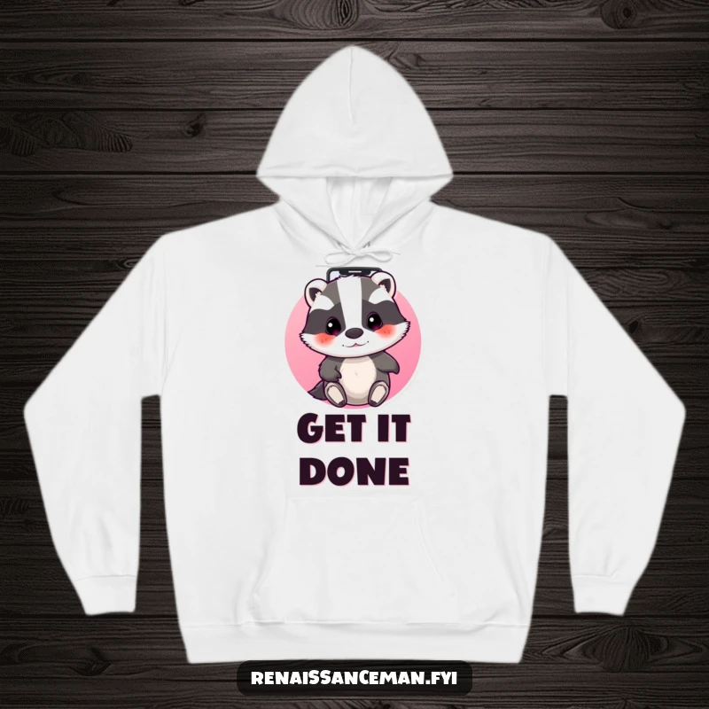 Funny beaming badger focused on a phone screen, swiping through apps. Warm and funny hoodie.