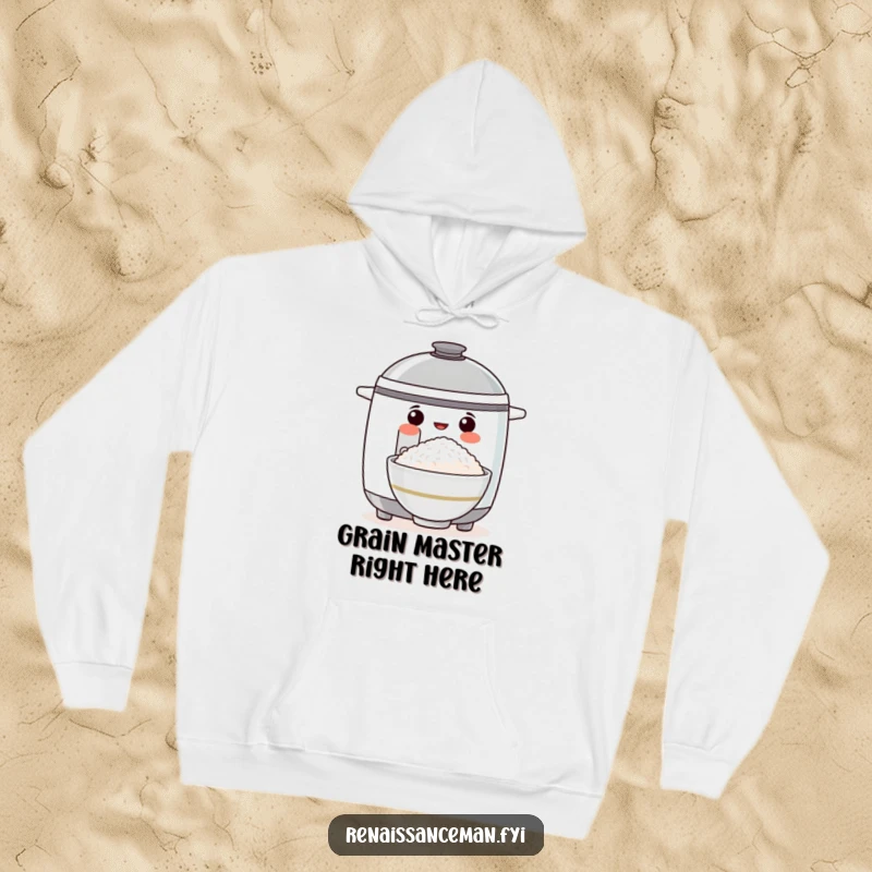 Funny hoodie featuring a proud rice cooker presenting a flawlessly cooked bowl of rice, embodying warmth and cooking prowess.