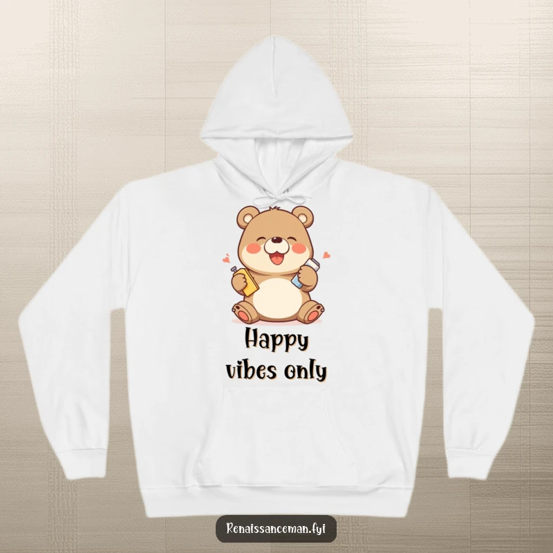 Funny hoodie with a giggling bear character demonstrating a product with exaggerated happy movements, radiating warmth and pure joy.