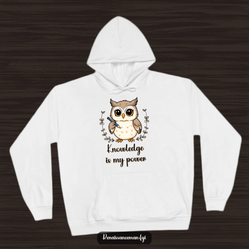 Funny hoodie: A curious owl with a pen thoughtfully draws an intricate decorative border, embodying focused creativity.