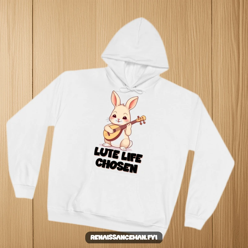 Funny skilled rabbit playing a lute with a focused expression, featured on a comfortable hoodie.