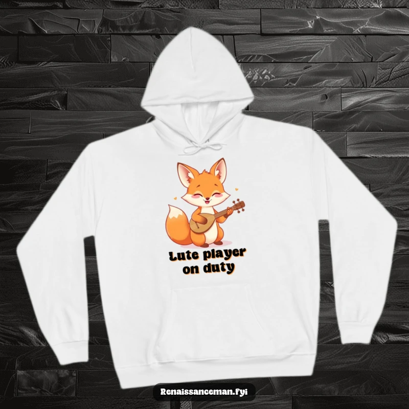 Funny hoodie featuring a cheerful fox playing a tiny lute, ideal for cozy musical moments and expressing joy.