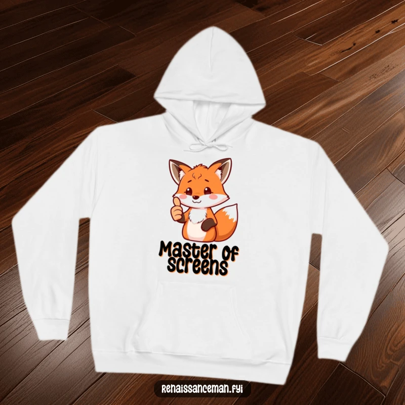 Funny fox hoodie with a proud fox giving a thumbs up to a screen, ideal for comfortable and humorous lounging.