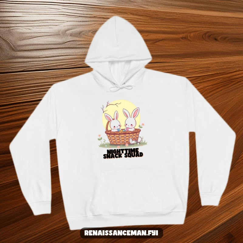 Funny rabbit sharing a moonlit picnic basket under the stars, offering warmth and a touch of enchantment in a cozy hoodie.