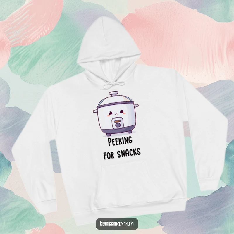 Funny hoodie featuring a curious rice cooker peeking from behind a steaming lid, offering warmth and a touch of mystery.