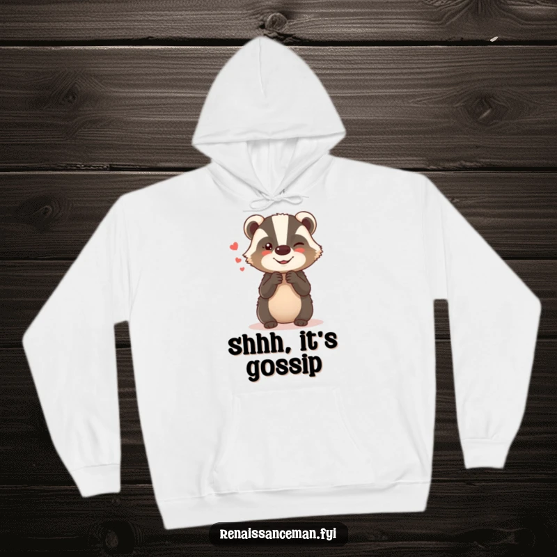 Funny hoodie featuring a giggling badger whispering secrets, emphasizing coziness and playful mischief for a great gift.