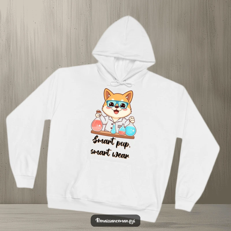 Funny hoodie showcasing a beaming Shiba Inu conducting a science experiment with bubbling flasks, a perfect blend of cute and clever.