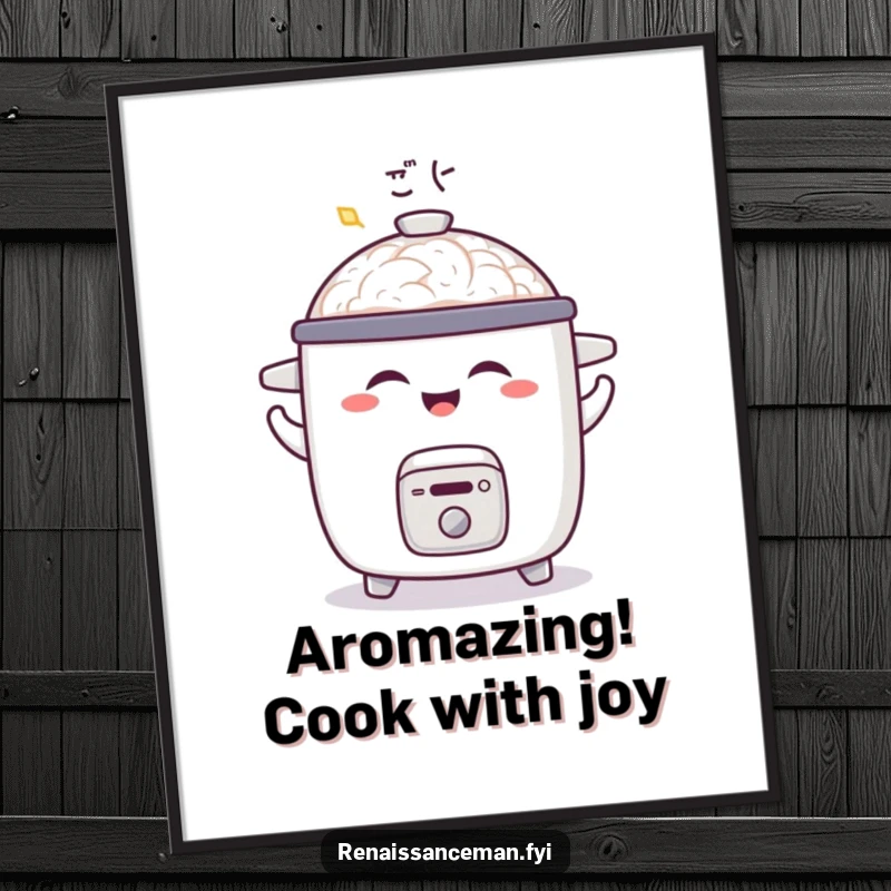 Funny Free Printable Wall Art: A joyful rice cooker performs a happy shimmy, radiating satisfaction and aroma.
