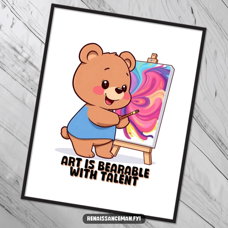 Funny Free Printable Wall Art: Smiling bear painting a vibrant, swirling masterpiece on a large canvas, full of joy.