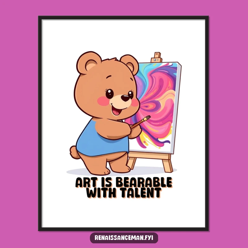 Free Printable Wall Art: Funny Smiling Bear Artist Painting Masterpiece, Downloadable Decor