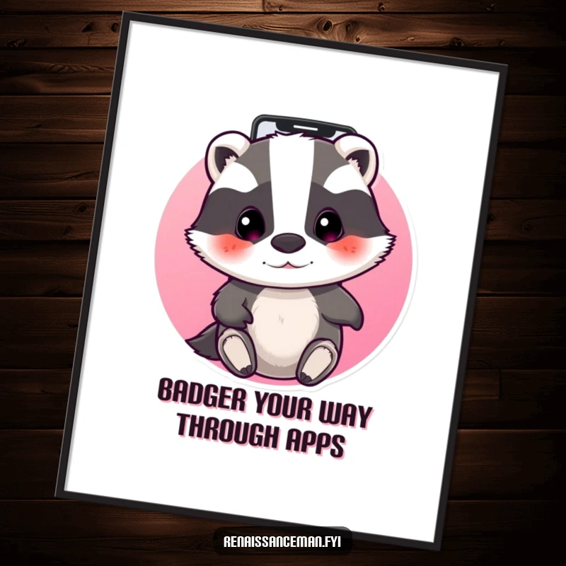 Funny Free Printable Wall Art of a beaming badger with intense focus navigating through apps, symbolizing determination and digital savvy, download now.