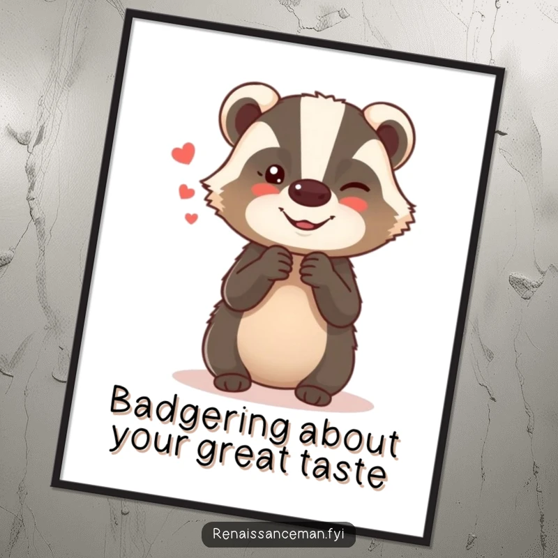Funny Free Printable Wall Art: A giggling badger whispers secrets with a mischievous glint, bringing playful humor to your decor.