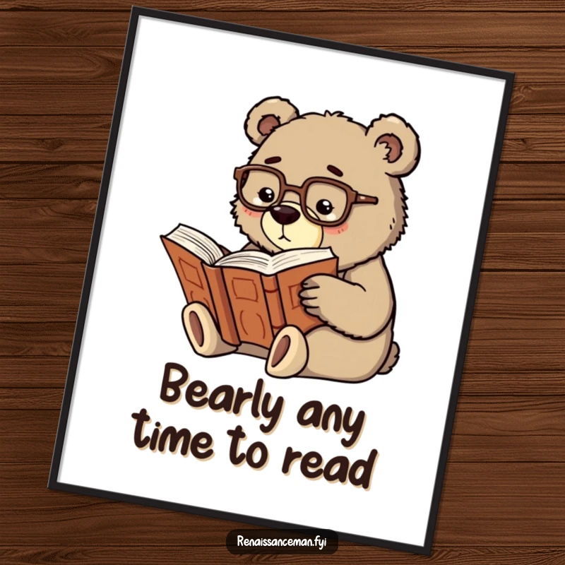 Funny Free Printable Wall Art: A studious bear with spectacles is deeply engrossed in reading a very large, ancient book.