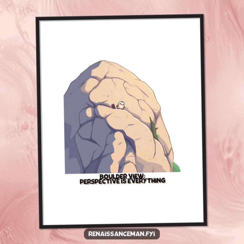 Funny Free Printable Wall Art: Cute bird curiously peeking over a colossal boulder, adding whimsy to decor.