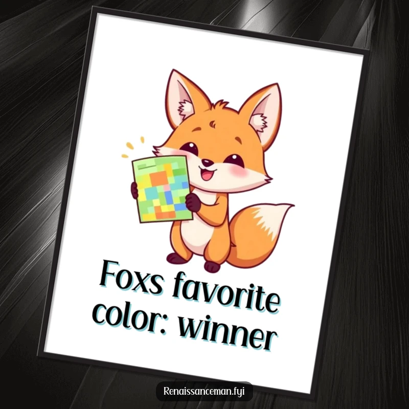 Funny Free Printable Wall Art: A happy fox enthusiastically presenting a colorful sample with a stylish flourish.