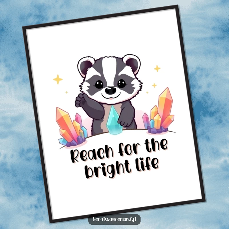 Funny Free Printable Wall Art: A beaming badger enthusiastically reaching for a distant, brightly colored crystal formation.