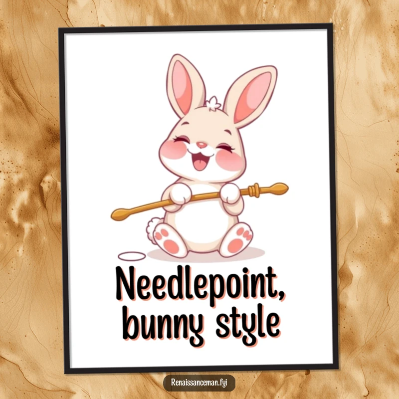 Funny Free Printable Wall Art: A cheerful bunny beaming with glee while threading a large needle, creating cute art.