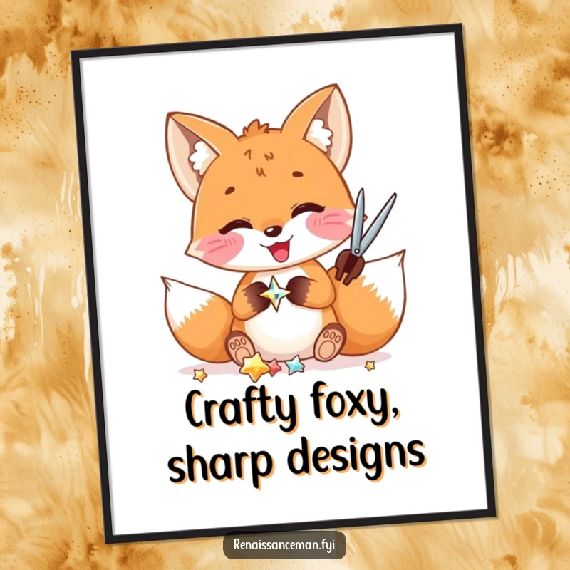 Funny Free Printable fox art of a delighted fox meticulously cutting a shiny embellishment, showcasing a crafty personality, great downloadable.