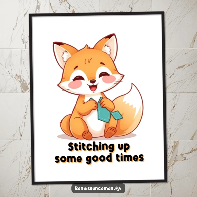 Funny Free Printable Wall Art of a playful fox giggling while humorously stitching a patch onto fabric, perfect for DIY decor.