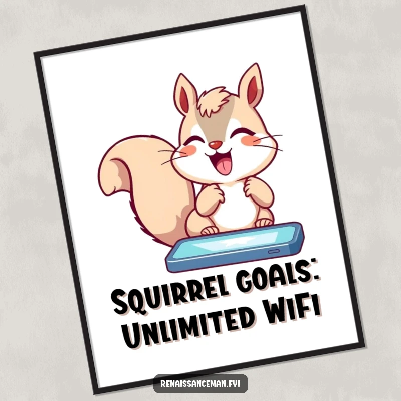 Funny free printable wall art, delighted squirrel excitedly tapping a glowing phone screen, energetic tech animal art.