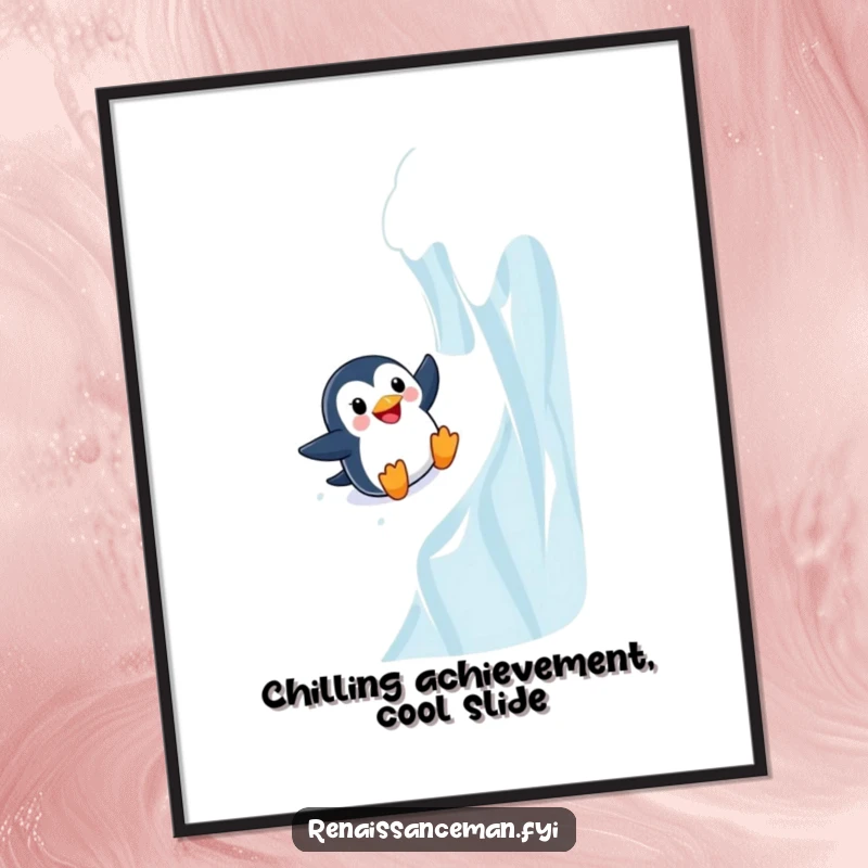 Funny Free Printable Wall Art: An adventurous penguin joyfully sliding down a steep, slick icy wall.