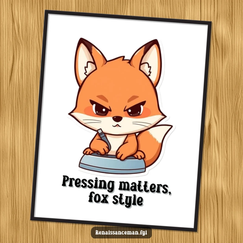 Funny free printable wall art of a determined fox with a serious expression carefully pressing a seam on fabric.