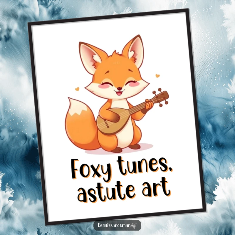 Funny Free Printable Wall Art: Cheerful fox joyfully playing a happy tune on a tiny lute, full of charm.