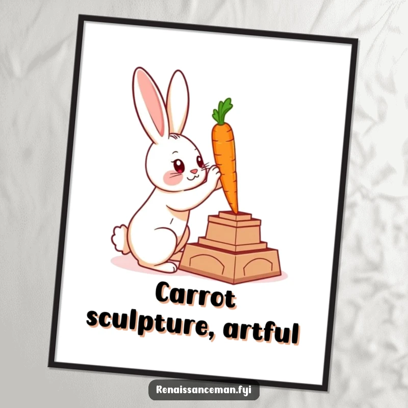 Funny Free Printable Wall Art: Clever rabbit meticulously sculpting a majestic statue out of a small carrot.