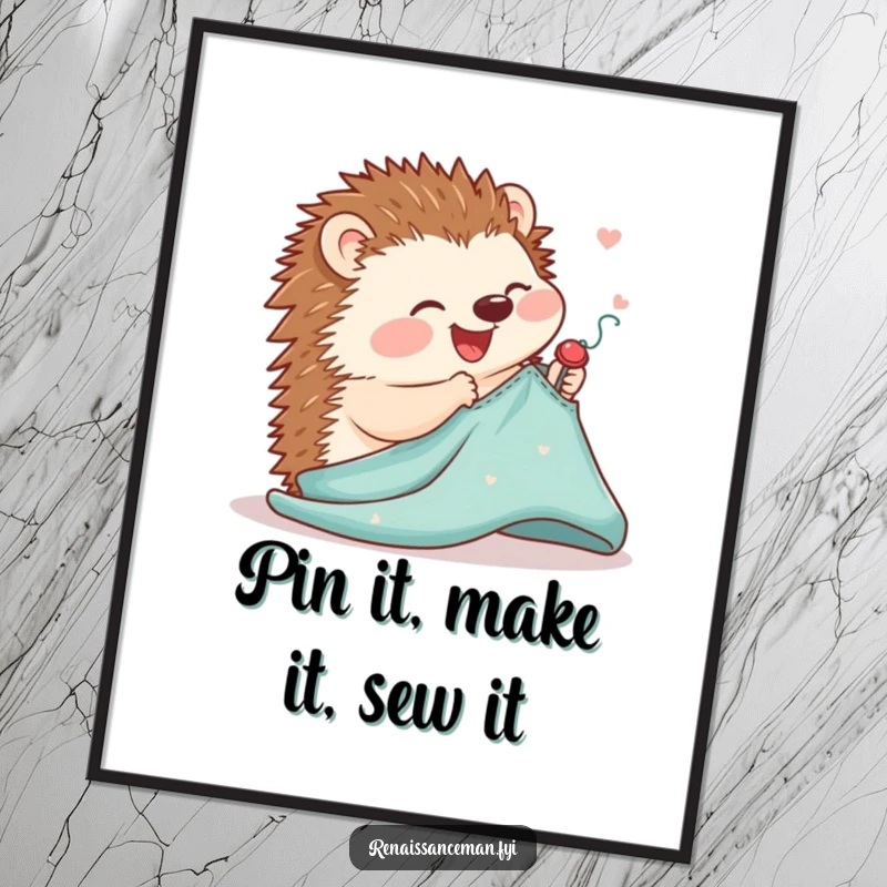 Funny free printable wall art depicting a joyful hedgehog meticulously pinning a pattern onto a piece of fabric.