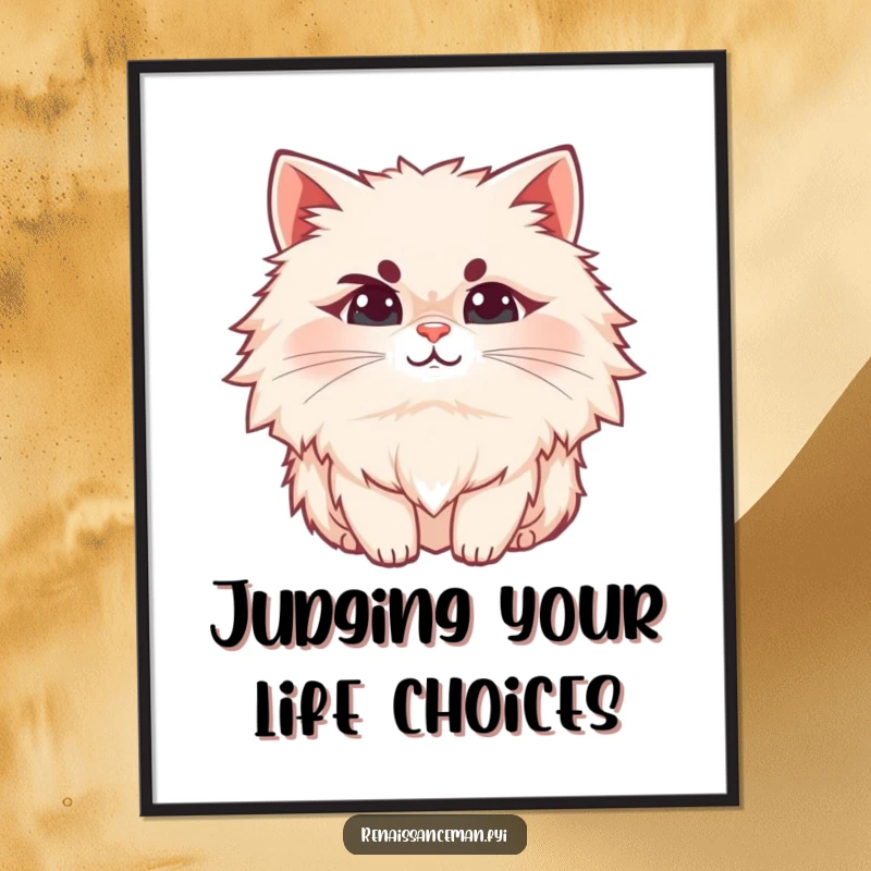 Funny Free Printable Wall Art: A fluffy cat with a distinct raised eyebrow and a subtle, knowing smirk.