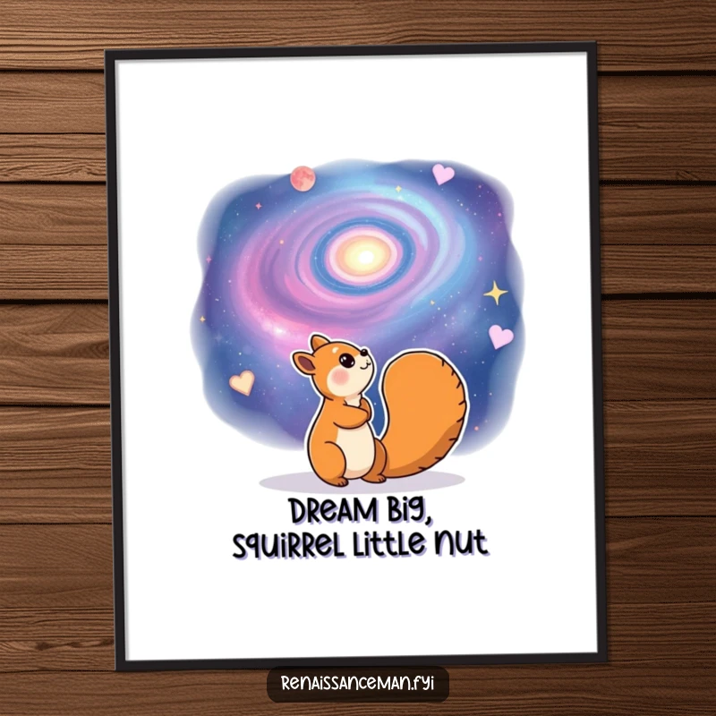 Funny free printable wall art depicting a cheerful squirrel gazing dreamily into a vast, swirling galaxy, embodying endless wonder and imagination.