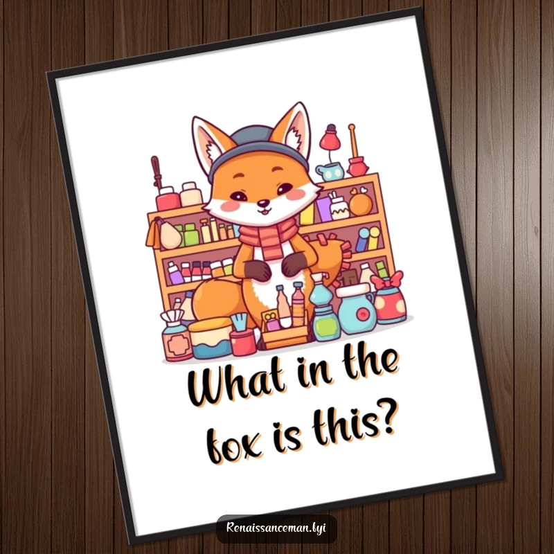 Funny Free Printable Wall Art: A proud fox stands confidently before a large, enticing display of various items, showcasing his taste.