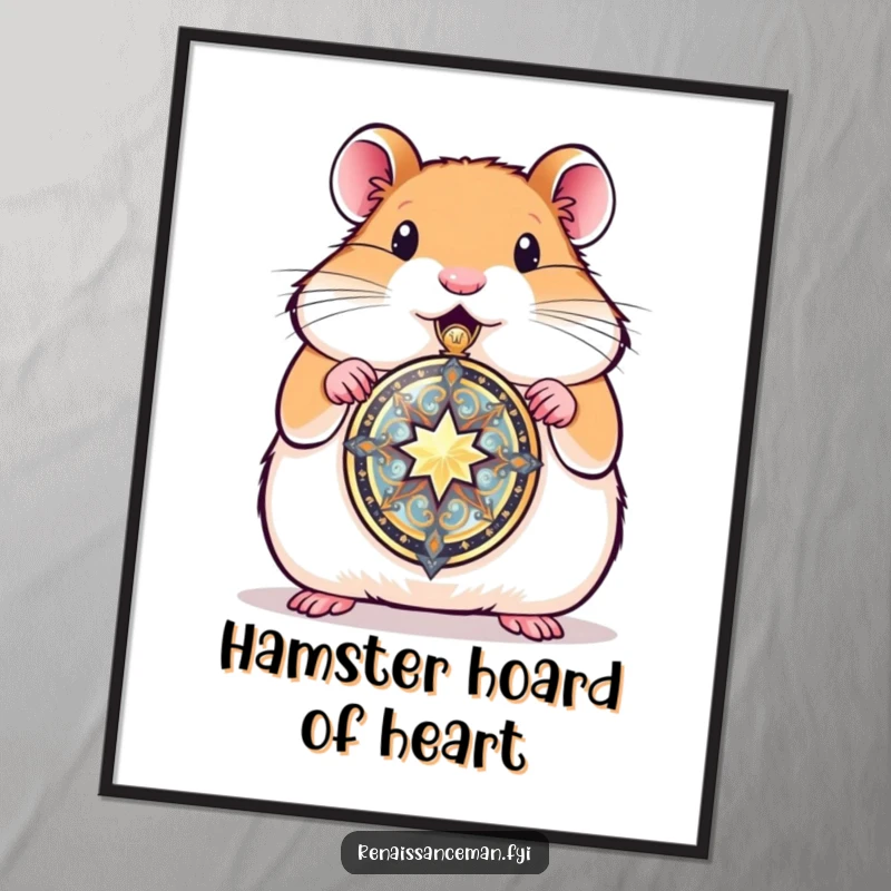Funny Free Printable Wall Art of a proud hamster gleefully presenting a beautifully crafted locket, radiating warmth and affection.