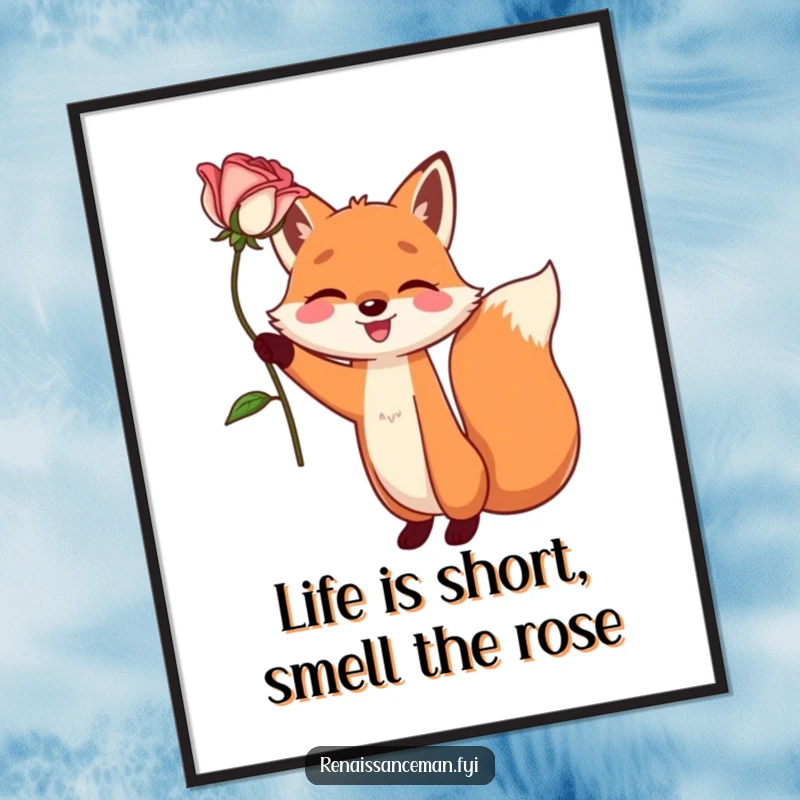 Funny free printable wall art depicting a happy fox dramatically holding a single, perfect rose aloft with an elegant and theatrical expression.