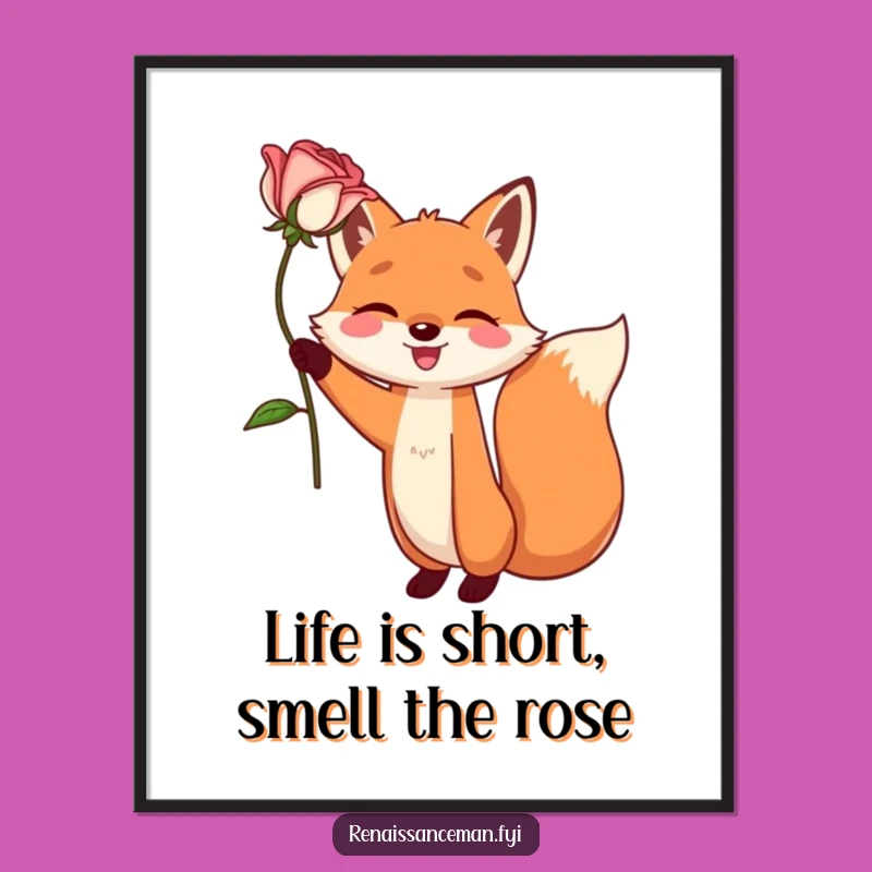 Funny Free Printable Wall Art: Happy Fox with Dramatic Rose, Downloadable Decor