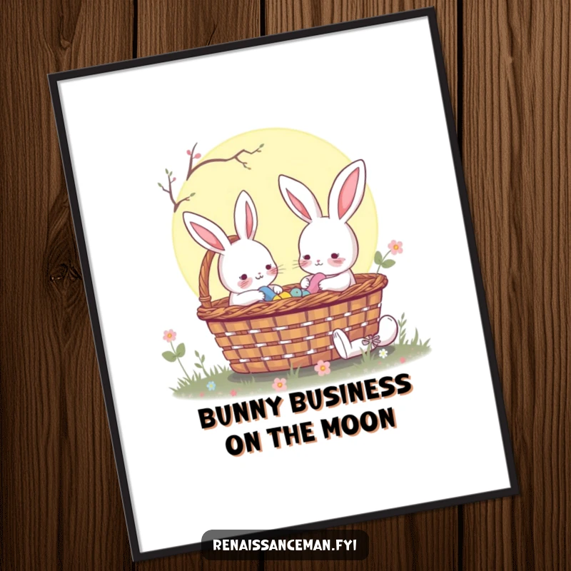 Funny Free Printable Wall Art depicting a sweet rabbit sharing a moonlit picnic basket with a friend, creating a cozy atmosphere.