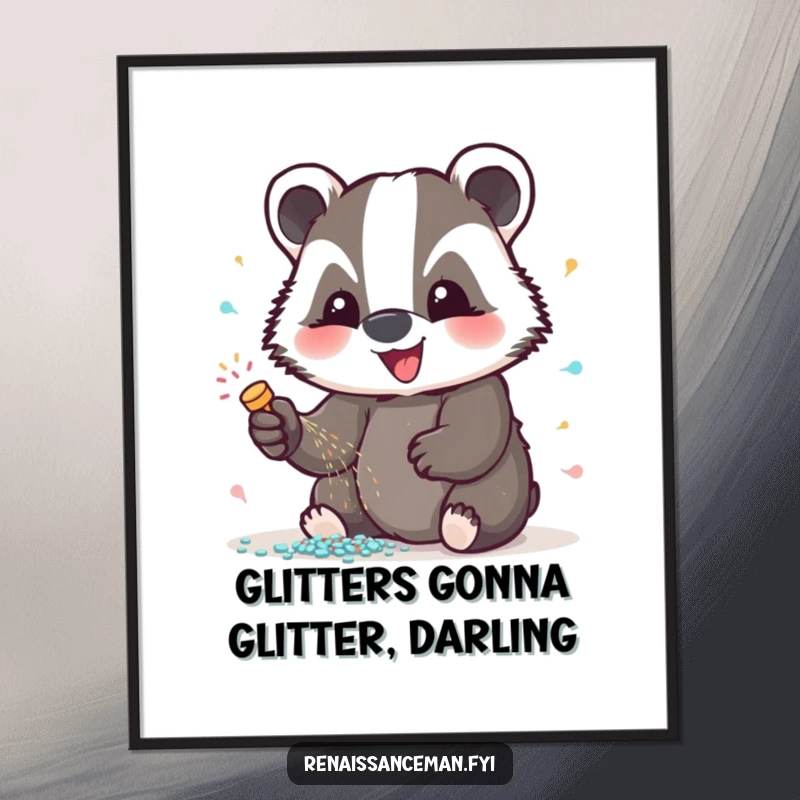 Funny Free Printable Wall Art: Beaming badger gleefully adding glitter to a project, a sparkly and humorous art piece.