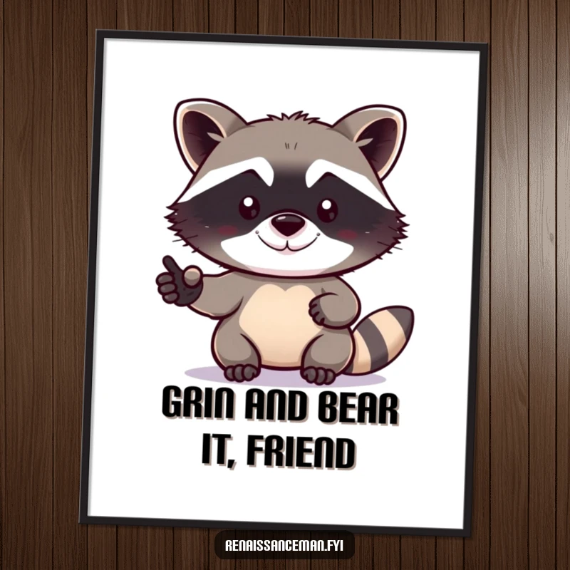 Funny Free Printable Wall Art: A determined raccoon with a slight grin attempts to take a perfect selfie.