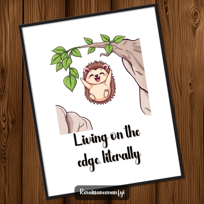 Funny Free Printable Wall Art: A delighted hedgehog humorously dangling from a vine, suspended over a dramatic cliff.