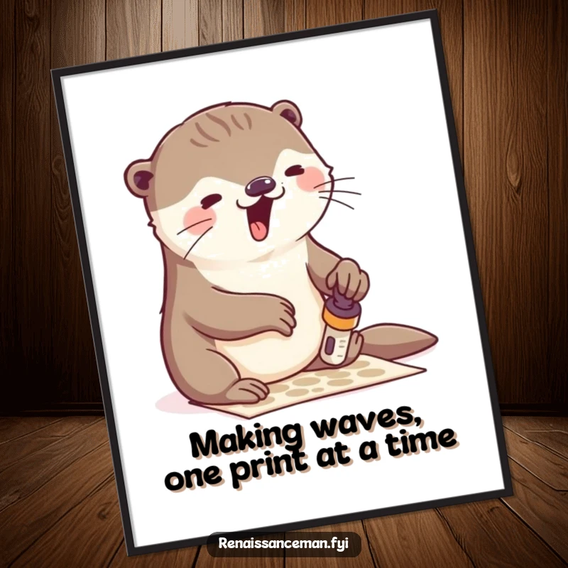 Funny Free Printable Wall Art: Playful otter with gusto stamping a cheerful pattern onto paper, unique downloadable art.