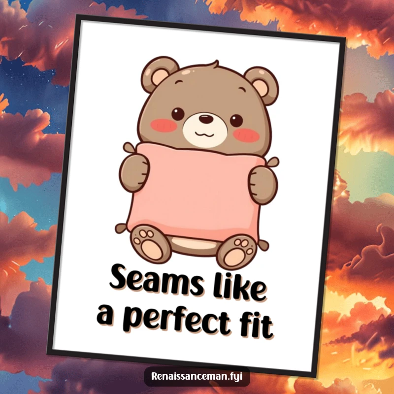 Funny free printable wall art of a proud bear smiling brightly while displaying a flawlessly sewn cushion he made.