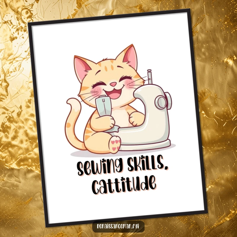 Funny Free Printable Wall Art: A grinning cat enthusiastically operating a sewing machine, creating crafty magic.