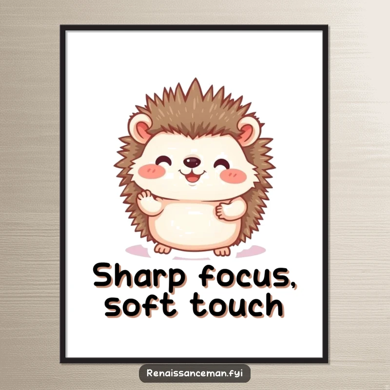 Funny Free Printable Wall Art: A joyful hedgehog carefully places a photographic print, a gentle and humorous art piece.