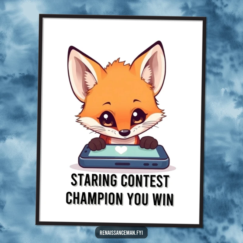 Funny free printable wall art, curious fox looking intently at a mobile device, humorous animal tech decor.